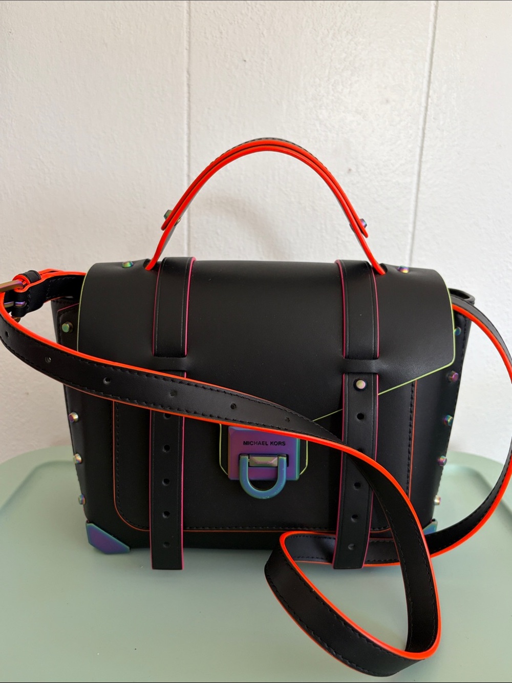 Michael Kors Black Satchel with Neon Rainbow Trim - Picture 7 of 7